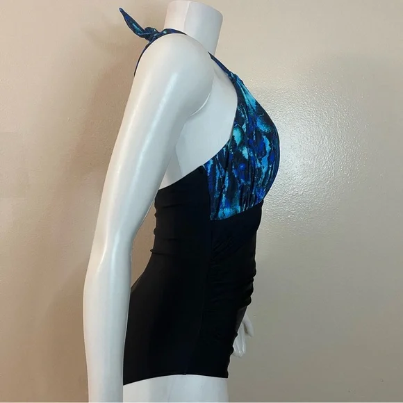 Blue and black halter neck cutout one piece swimsuit - Picture 3 of 12
